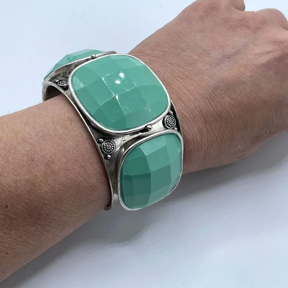 Lucky Brand Southwestern Boho Three Stone Green Silver Wide Cuff Bracelet